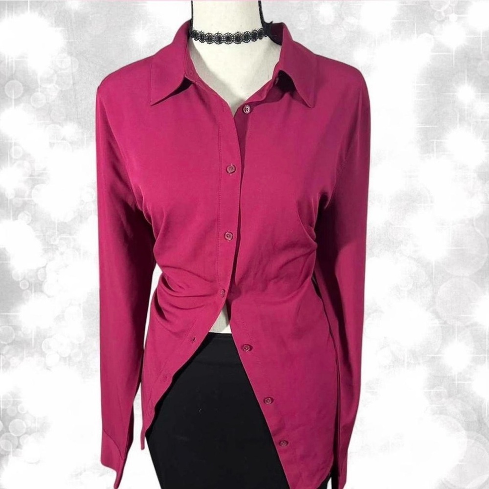 Romantic Office Siren Silky Muted Hot Pink Long Sleeve Button Up Top